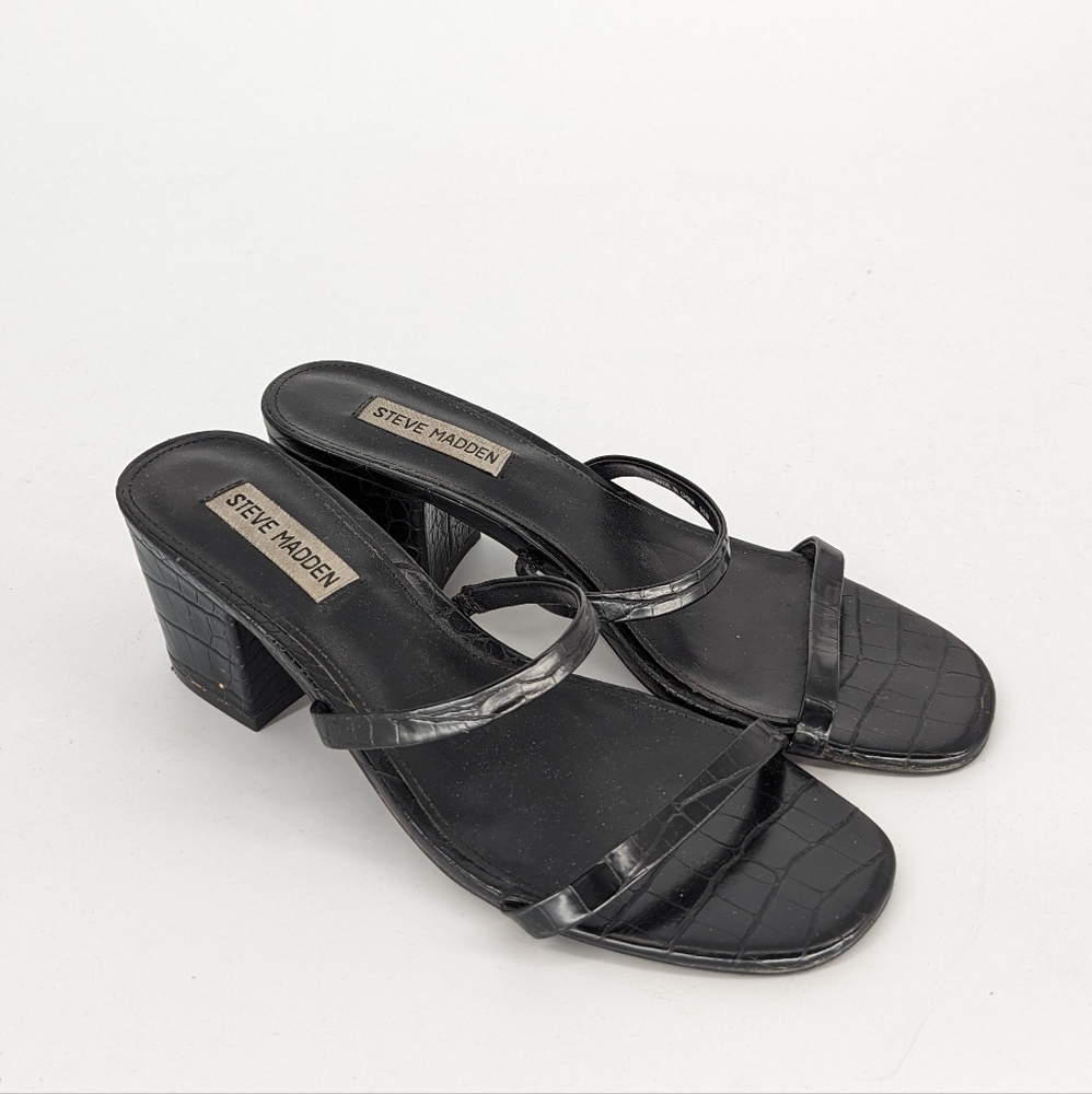 Steve Madden Croc Pattern Leather Strappy Block Heels Black 9.5 open toe 90s y2k